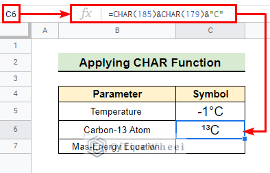 Symbol of carbon-13 inserted in cell C6